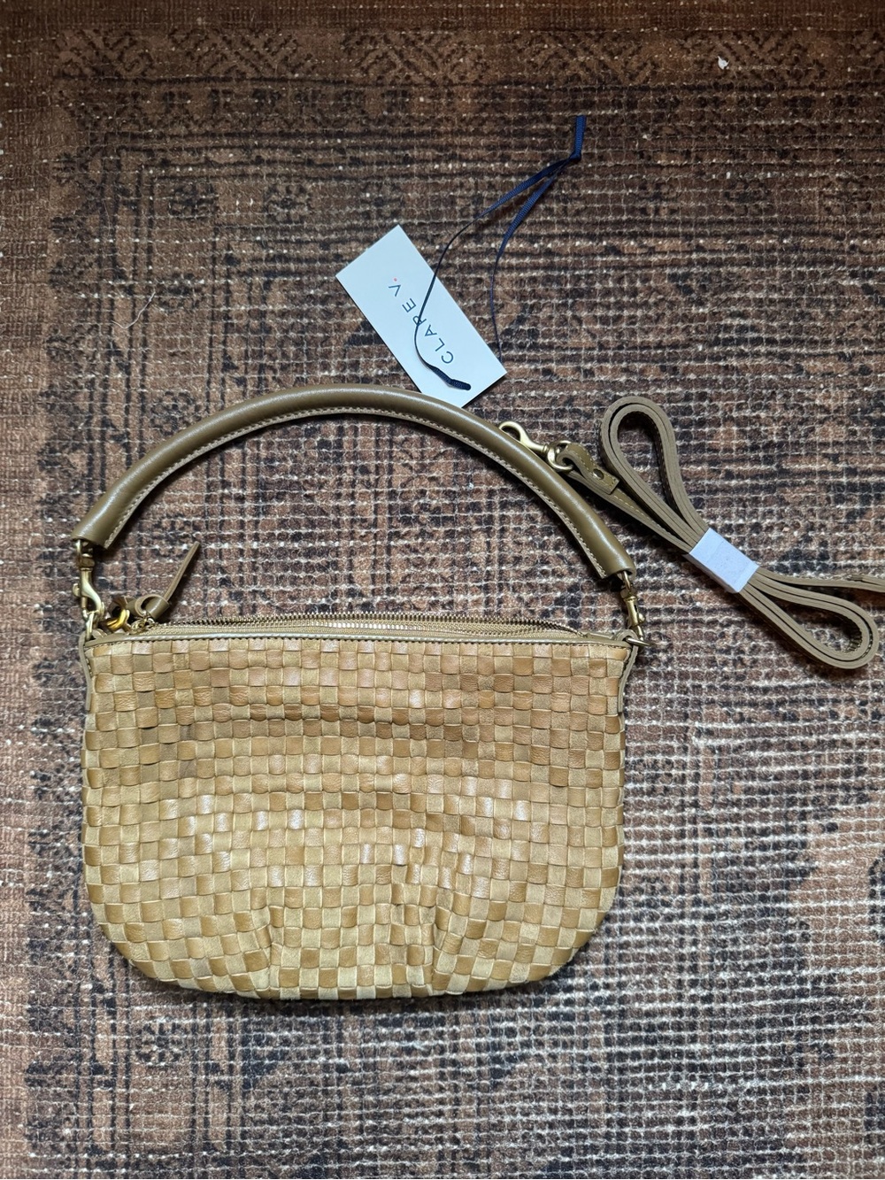 Clare V. Petit Moyen Sequoa Woven Leather Crossbody Bag in Tan